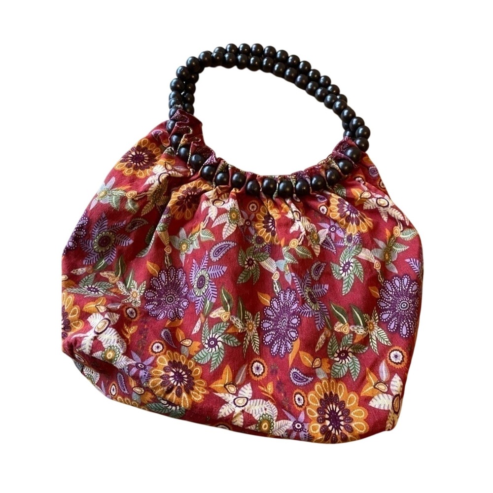 Chateau Boho Colorful Floral Patchwork Beaded Handle Strap Shoulder Purse Tote